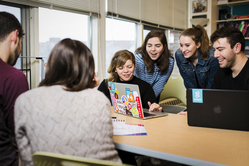 04/02/18 - BOSTON, MA. - Members of Scout NEU meet in their office in Ryder Hall in Boston, Massachusetts on April 2, 2018. Photo by Adam...