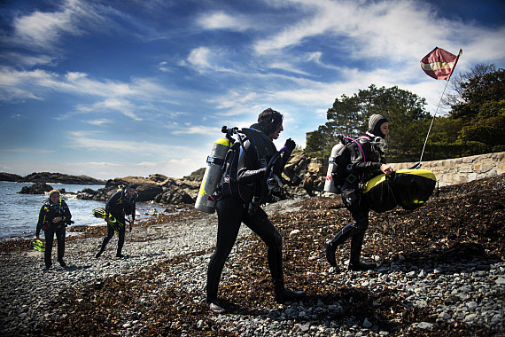 Graduate students in Northeastern's Three Seas program go for a dive at Northeastern's Marine Science Center campus in Nahant, Massachuse...